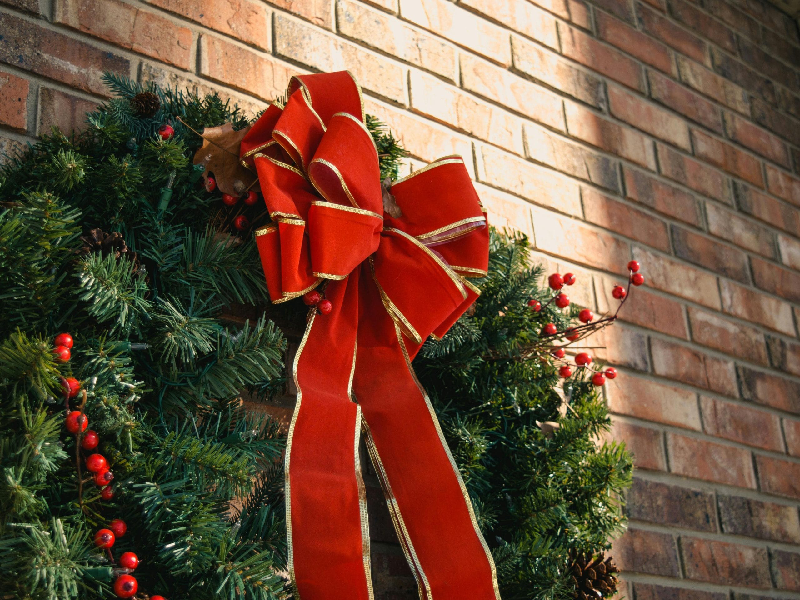 this image shows Christmas wreath hanging in Loomis, CA