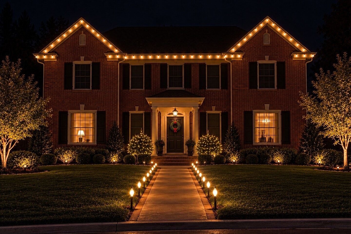 Christmas light hanging in Granite Bay, CA: single story stucco warm white roofline lit shrubs