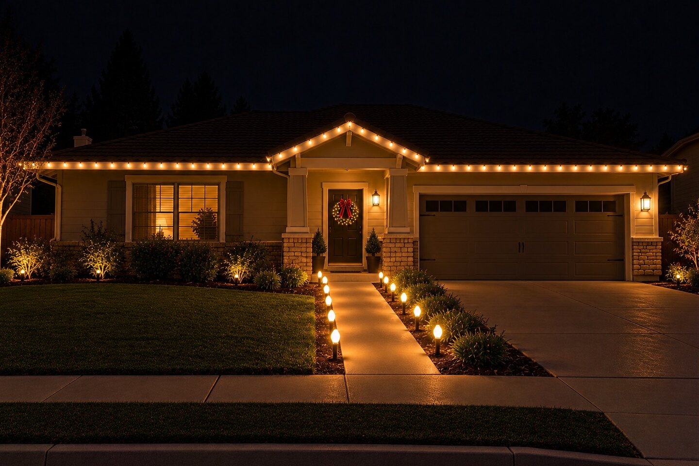Christmas light company in Rocklin, CA: ranch home door wreath walkway stakes warm white