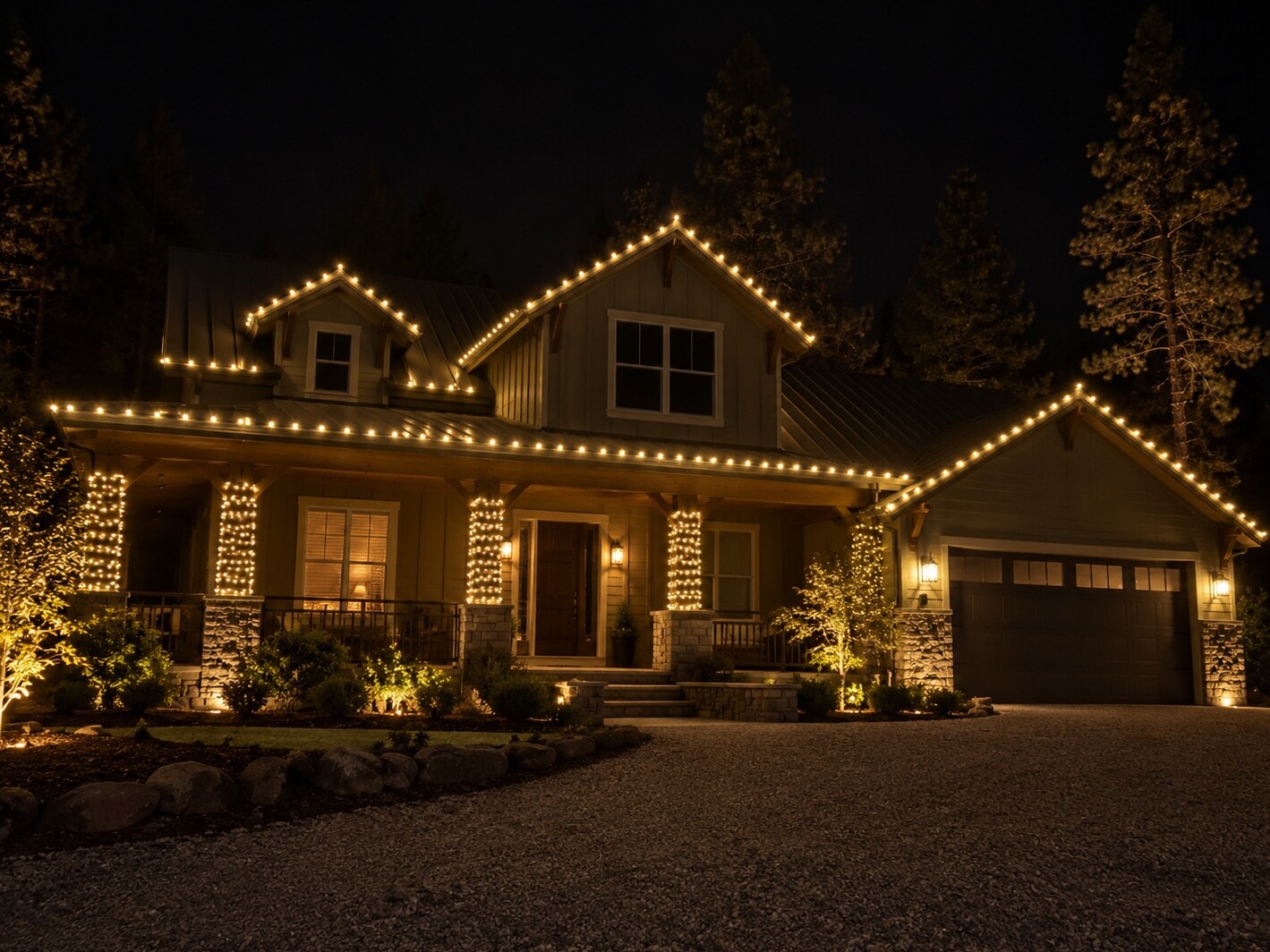 Christmas light hanging in Rocklin, CA: foothill craftsman metal roof porch warm white