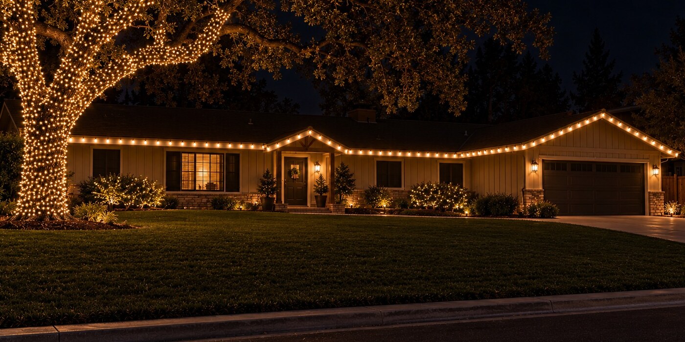 Christmas light installers in Loomis, CA: single story tile roof warm white roofline lit tree