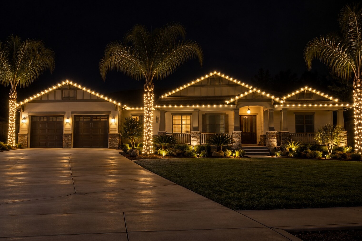 Christmas light installers in Loomis, CA: ranch three gables porch palm wraps warm white