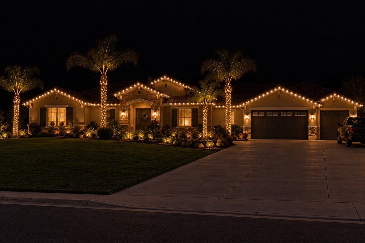 Holiday light installation in Granite Bay, CA: country home dormers wraparound porch warm white