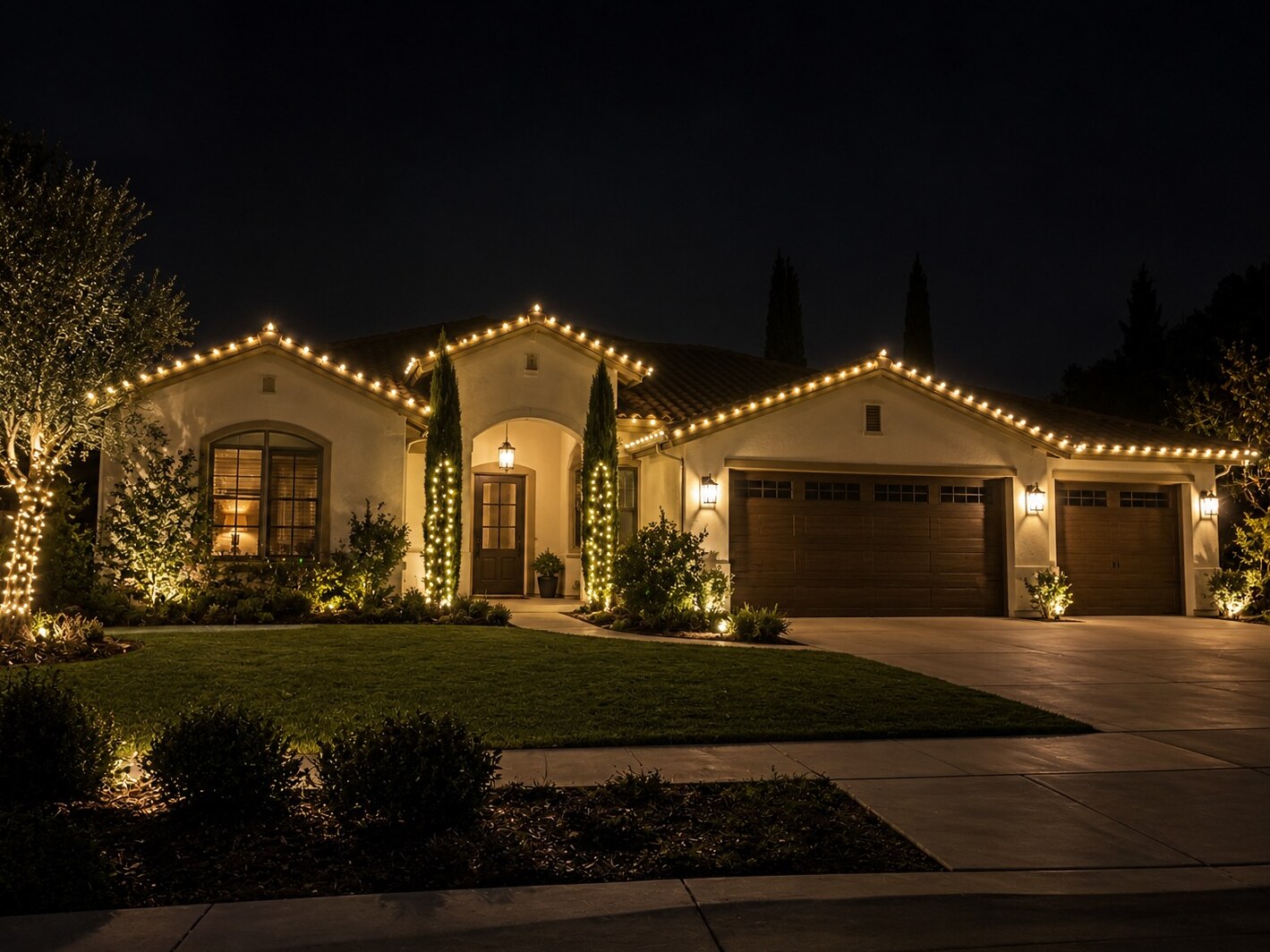 Christmas lights in Loomis, CA: spanish ranch tile roof arched entry warm white roofline