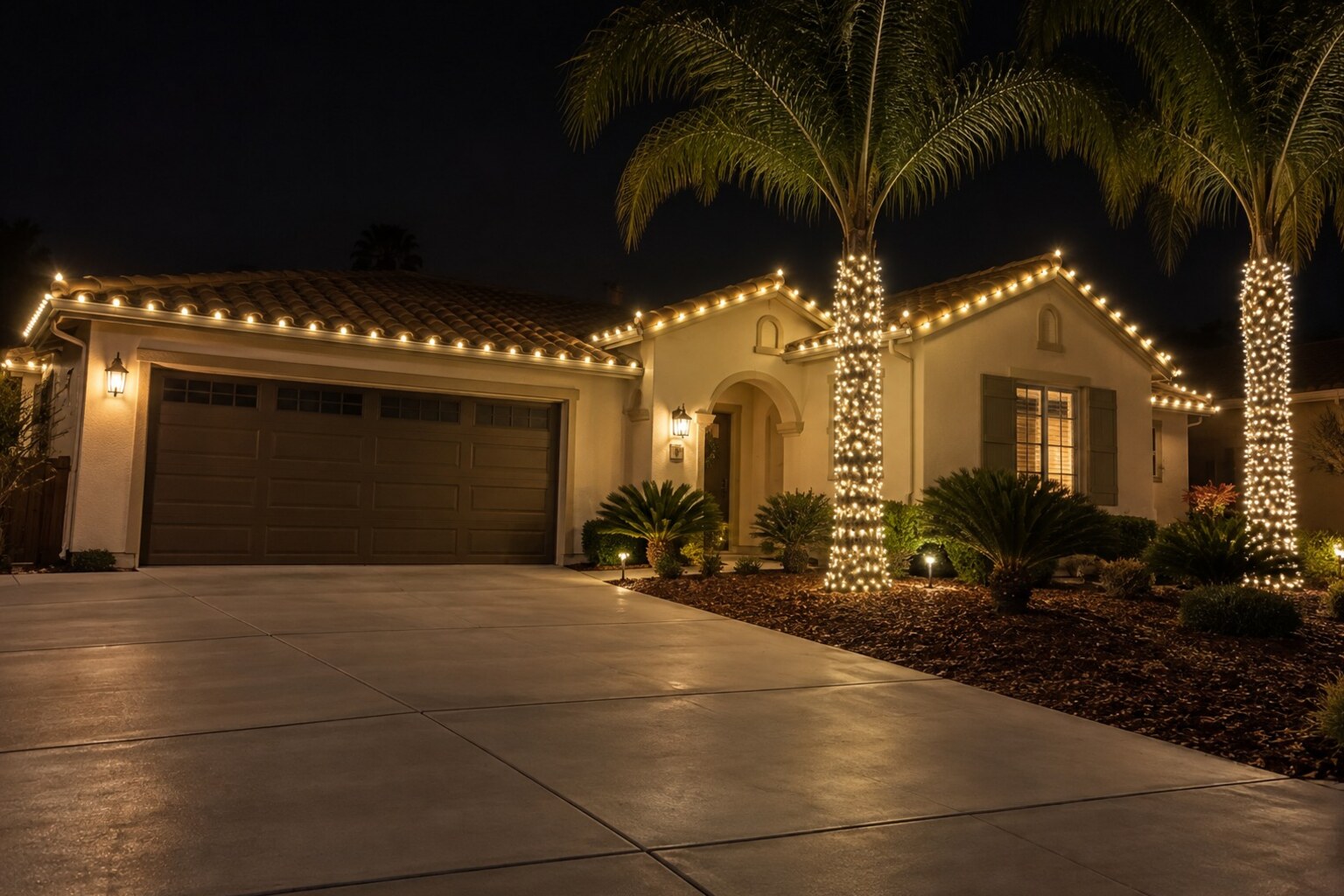 Holiday lighting in Rocklin, CA: ranch home warm white roofline palm wraps front