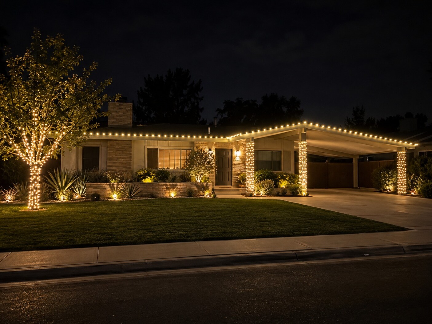Holiday light installation in Loomis, CA: midcentury ranch carport warm white roofline