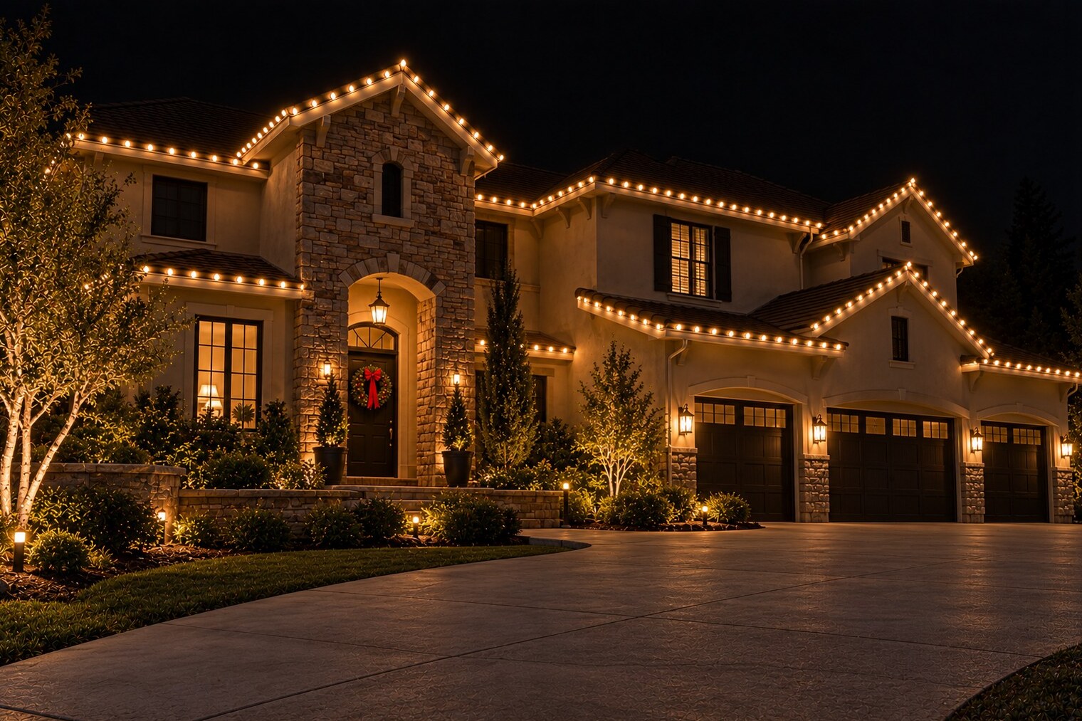 Holiday light installation in Loomis, CA: stone tower entry warm white wreath