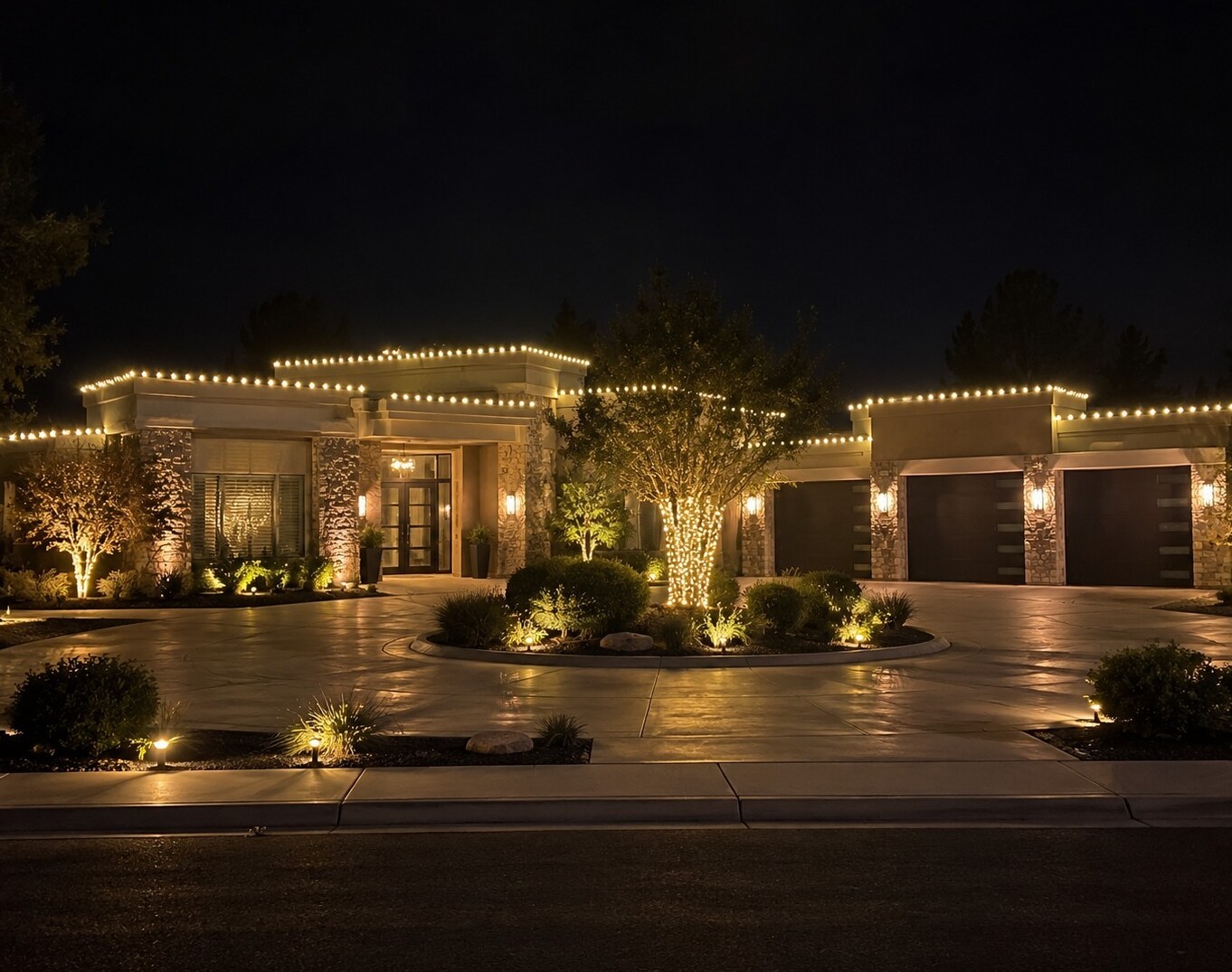 Holiday lighting in Loomis, CA: modern estate stepped parapets warm white roofline