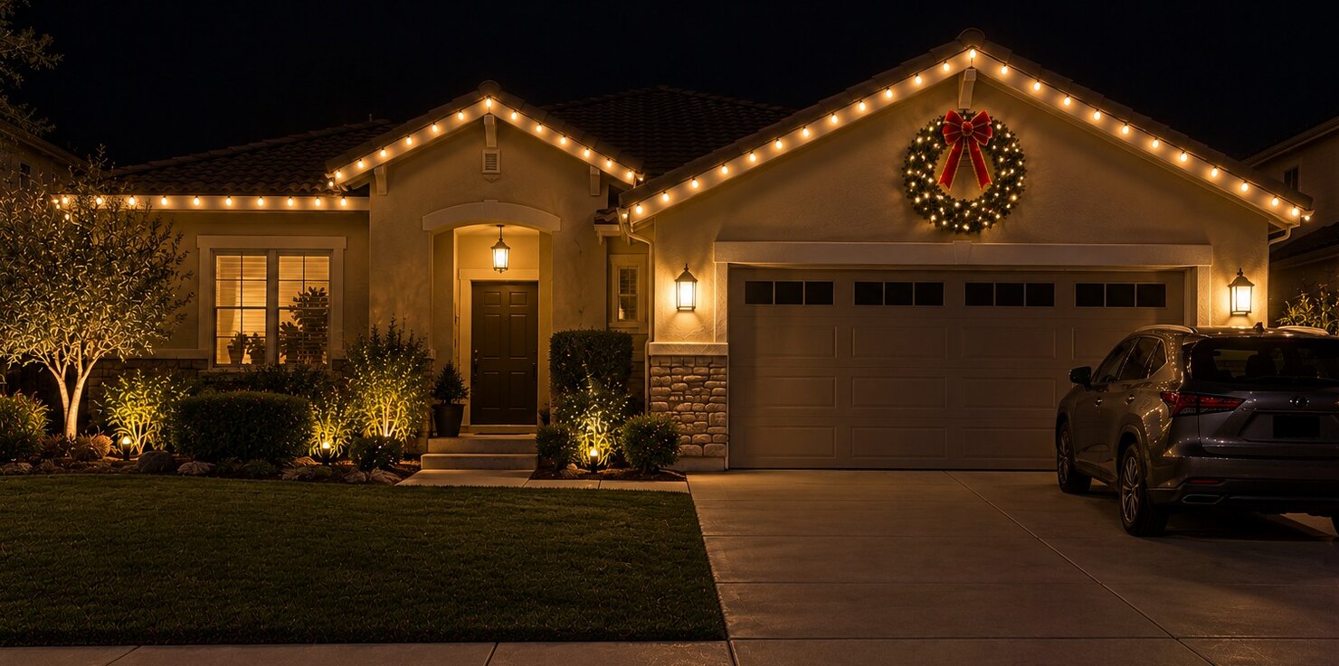 Professional christmas lights in Auburn, CA: single story tract home lit wreath on gable warm white