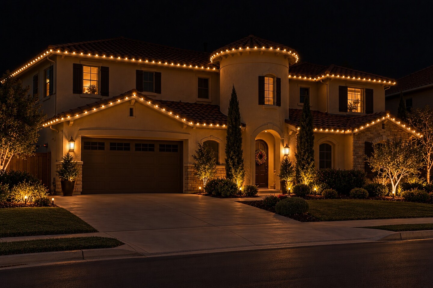 Christmas lights in Loomis, CA: contemporary two story warm white roofline driveway stakes