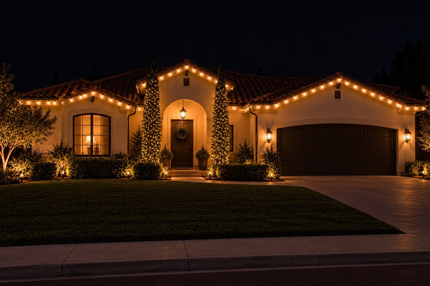 Christmas light installation in Loomis, CA: two story home warm white roofline driveway stakes sunset